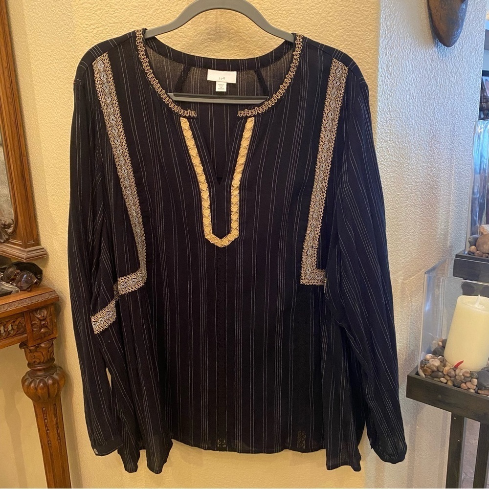J. JILL Women Black Striped Embroidery Trim Boho Peasant Top Plus Size 3X